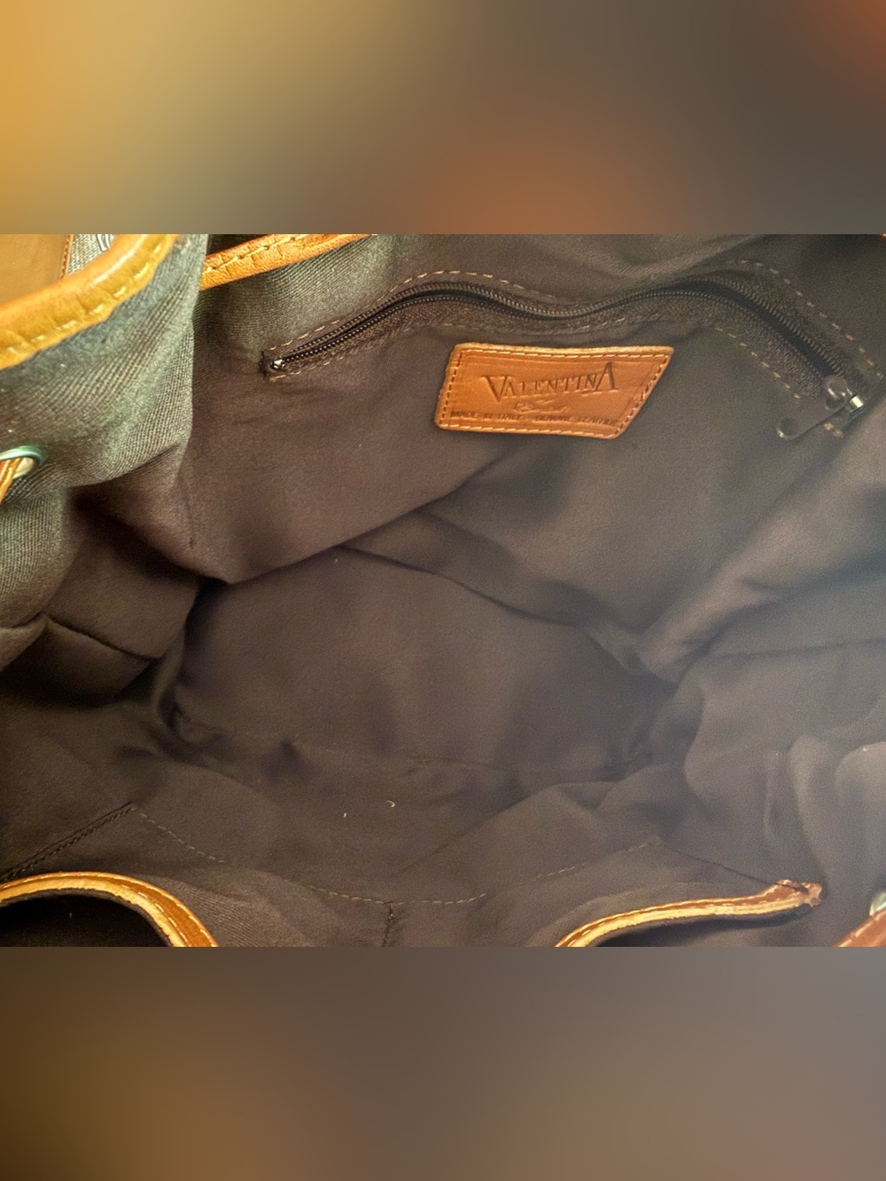 Valentina Italian Leather Two-Tone Brown & Tan Drawstring Bucket Shoulder Bag - Picture 11 of 15